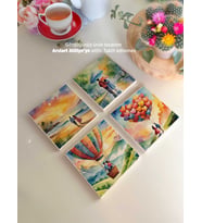 Romantik Suluboya Desenli Bardak Altlıkları 4 'lü Set