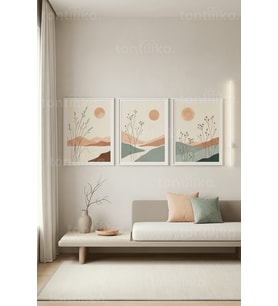Modern Minimalist Peyzaj ve Bitki Motifli 3’lü Ahşap Çerçeveli Tablo Seti