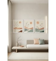 Modern Minimalist Peyzaj ve Bitki Motifli 3’lü Ahşap Çerçeveli Tablo Seti