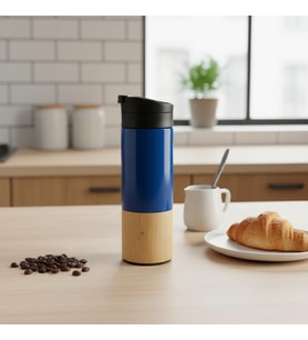 450 ml Bambu Kaplamalı Çelik Termos - Siyah, Mavi ve Kırmızı Renk Seçenekli Sızdırmaz Isı Yalıtımlı Seyahat Termosu (MAVİ)