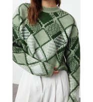Stil Modern Kadın Crop Düşük Kol Bisiklet Yaka Geniş Kalıp Yumuşak Dokulu Desenli Triko Kazak (Mint)