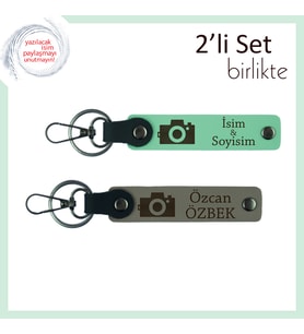 Sanat Tutkununa Özel 2’li Deri Anahtarlık, Fotoğraf Makinesi Figürlü Tasarım, Açık Yeşil-Kül Gri