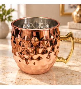Bakır Görünümlü Kabartma Desenli Gold Kulplu Dekoratif Metal Kupa Bardak