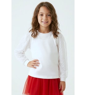Breeze Kız Çocuk Uzun Kollu Tişört Kolları Tül Detaylı 4-9 Yaş, Ekru