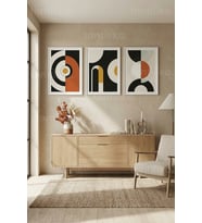 Sıcak Tonlarda Modern Geometrik Soyut Sanat 3’lü Ahşap Çerçeveli Tablo Seti