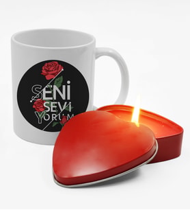 Sevgililere Özel Tasarım Kupa & Kırmızı Kalpli Mum Hediye Seti