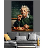 Pizza Yiyen Albert Einstein Dekoratif Kanvas - Mdf Ahşap Tablo