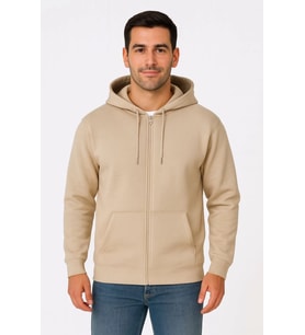 Erkek 3 İplik Pamuklu Kapüşonlu Tam Fermuarlı Cepli Hoodie Sweatshirt - Bej