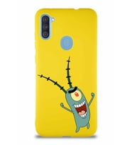 Samsung Galaxy A11 Soft Premier Kapak Plankton Tasarımlı Silikon Kılıf - Sarı (Şeffaf)