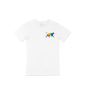Gökkuşağı Renkli Polygon Kedi Cep Logo Tasarımlı Beyaz Tişört