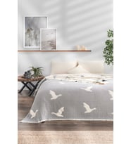 Kuşlu Desenli Jakarlı Tek Kişilik Pike (170*215CM) (Gri)