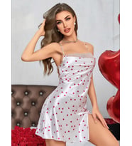 Fantezia Night Kadın Beyaz Fuşya Kalp Desenli saten Gecelik 2219