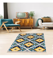 Geometrik Karo Desenli Dijital Baskı Yıkanabilir Kaymaz Taban Modern Salon Halısı ve Yolluk (Turuncu)