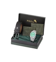 Polo Air Erkek Kol Saati Kemer Cüzdan Kartlık Hediyelik Kutusunda Su yeşili Set PL-7028E3 (Açık Yeşil-Gümüş)
