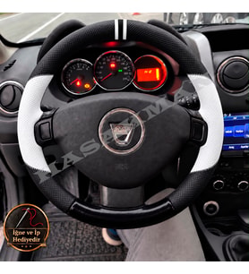 Dacia Dokker Dikme Direksiyon Kılıfı Delikli Deri Parlak Siyah Beyaz Detay Çift Yüzük ve Dikiş 2012-2016