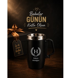 Kişiye Özel Harf Ve İsim Basklı Kulplu Çelik Siyah Termos Bardak 240 ml