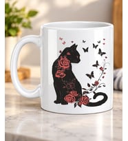 Gül Dallı Kara Kedi Silüeti Desenli Gotik Kedi Severlere Hediye Porselen Kupa Bardak