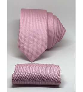 Pembe Renk Mendilli Slim Fit Oxford Kuş Gözü Desen Kravat