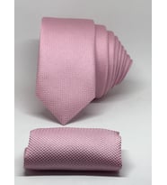 Pembe Renk Mendilli Slim Fit Oxford Kuş Gözü Desen Kravat