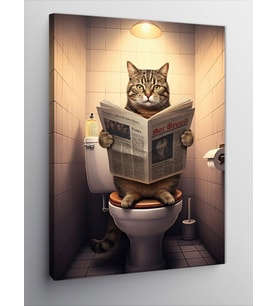 Kanvas Tablo Gazete Okuyan Tuvalette Kedi