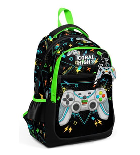 Coral High Siyah Fosforlu Yeşil Gamer Desenli Erkek Çocuk İlkokul Çantası ve Günlük Sırt Çantası
