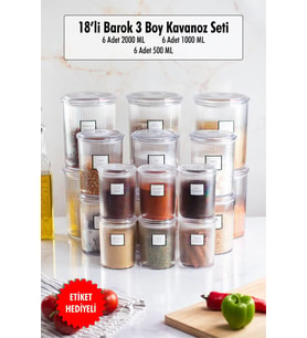18li Barok Yuvarlak 3 Boy Kavanoz Seti & Saklama Kabı & Erzak Kabı (6*2000 ML, 6*1000 ML ,6*500 ML) (Çok Renkli)