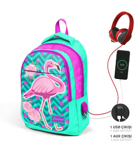 Coral High Kids Su Yeşili Pembe Simli Flamingo Desenli Üç Bölmeli USB Şarjlı Kulaklık Çıkışlı Okul Sırt Çantası 23411