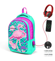 Coral High Kids Su Yeşili Pembe Simli Flamingo Desenli Üç Bölmeli USB Şarjlı Kulaklık Çıkışlı Okul Sırt Çantası 23411