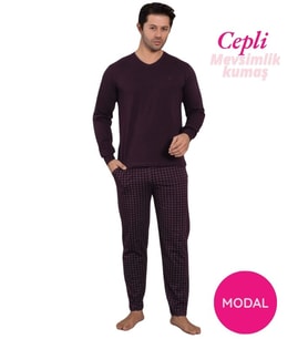 Guava Erkek Bisiklet Yaka Düğmesiz Ekose Desen Modal Mevsimlik Uzun Kol Manşetli Cepli Pijama Takımı (Mürdüm)