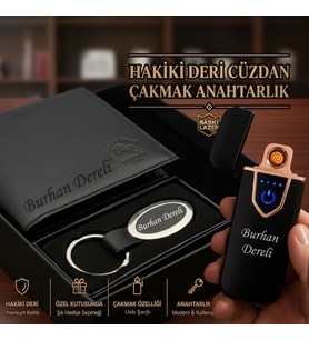 İsme Özel  Hakiki Deri Cüzdan Şarjlı Çakmak Anahtarlık Erkek Hediye Seti - Babaya Eşe Sevgiliye Arkadaşa Hediye