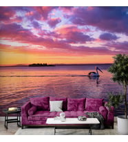 Mor Romantik Gece Deniz Kenarı Flamingo Temalı Duvar Kağıdı Baskı