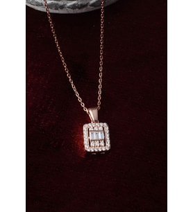 Baget Kolye Kare Zirkon Taşlı 925 Ayar Gümüş Kolye (Rose)