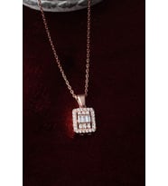 Baget Kolye Kare Zirkon Taşlı 925 Ayar Gümüş Kolye (Rose)