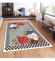 Dama Çerçeveli Çiçek Desenli Dijital Baskı Yıkanabilir Kaymaz Taban Modern Salon Halısı (Çok Renkli)