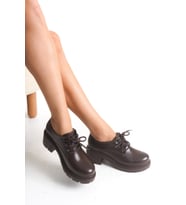 K-707 Bordo Kırışık Rugan Yüksek Tabanlı Bağcıklı  Loafer Ayakkabı (Açık Kahverengi)