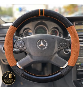 Mercedes W204 Dikme Direksiyon Kılıfı Delikli Deri Parlak Siyah Taba Detay Çift Yüzük ve Dikiş 2007-2011