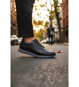 Enoch Hakiki Deri Siyah Detaylı Erkek Sneaker Ortopedik Taban