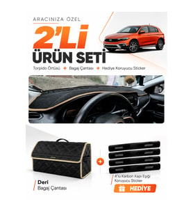 e-biz FİAT EGEA CROSS (2021-2026) TABLETSİZ Uyumlu Torpido Örtüsü + Deri Çanta - Siyah-Bej - FI011