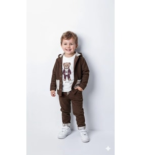 Erkek Çocuk %100 Pamuk Kadife Hırka, Pantolon ve Ayıcık Baskılı Uzun Kollu Sweatli 3'lü Premium Seri