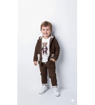 Erkek Çocuk %100 Pamuk Kadife Hırka, Pantolon ve Ayıcık Baskılı Uzun Kollu Sweatli 3'lü Premium Seri