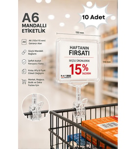 10 Adet - A6 Fiyatlık Mandallı Etiketlik Sepet Raf Askılık Fiyat Etiketi Çerçeveli Market Mağaza Şeffaf