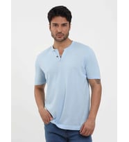 Buz Mavisi Erkek Slim Fit Düz Düğmeli O Yaka Triko
