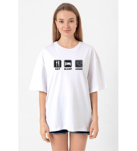 Eat Sleep Anime Beyaz Kadın Oversize Tshirt