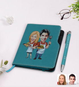 BK Gift Kişiye Özel Sevgililer Karikatürlü Turkuaz Termo Deri Defter Kalem Seti-57