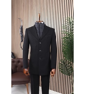 Erkek Slim Fit Siyah Çıkmalı Ceket Yaka İçi Kapitoneli Tek Yırtmaç Dizüstü Kaşe Kaban