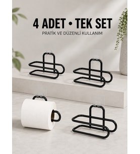 Duvara Yapışkanlı WC Kağıtlık Siyah Metal 4 Adet Tuvalet Kağıdı Rulo Askısı