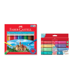 Faber Castell 24 Renk Kuru Boya ve 8'li Textliner Pastel Fosforlu Kalem Seti İkisi Birarada Set