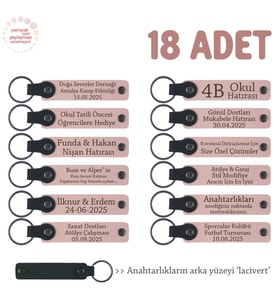 Kamp Arkadaşlarına Anı Olarak, 18'li Set, Kişisel Mesajlı Deri Anahtarlık, Pudra & Lacivert