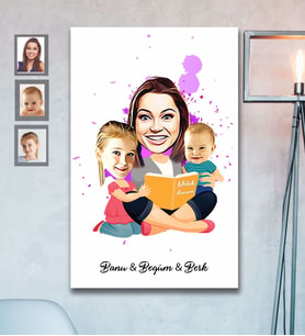 Kişiye Özel Anneler Günü Anne Erkek Kız Kardeş Karikatürlü Ahşap Tablo 30x47 Model-1