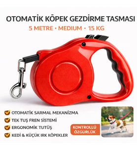 Karamel Pet Otomatik  Köpek Gezdirme Tasması Medium 5 Metre 15 kg Kırmızı